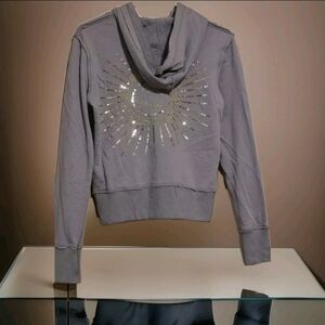 Women's Aziz Grey Hoodie With Sequins Glitter Raw Edge Sz L Boho Y2K